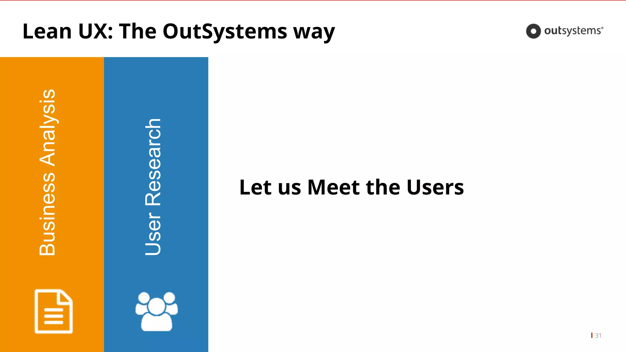 Lean UX: The OutSystems way
31
BusinessAnalysis
UserResearch
Let us Meet the Users
 