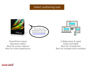 PowerPoint import
Question import
Best for screen capture
Best for richer experiences
Select authoring tool
Collaborative & rapid
Easily skinnable
Best for smartphone
Best for multiple short modules
“We’re deep into
development on a web-
based authoring tool“
http://goo.gl/paEP6p
 