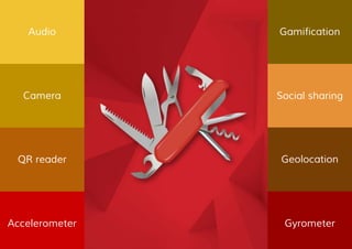 Camera Social sharing
Audio Gamification
GeolocationQR reader
Accelerometer Gyrometer
 