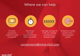 Where we can help
conversions@mind-click.com
In house
conversion
toolkit for swift
conversion
20 minute
module
converted in less
than two weeks
Average savings of
£10k per module
compared to a
bespoke build
At least six weeks
quicker than a
new bespoke
project
 