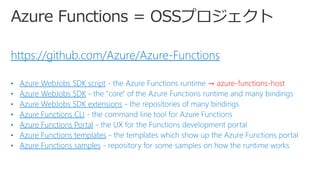 https://github.com/Azure/Azure-Functions
Azure WebJobs SDK script → azure-functions-host
Azure WebJobs SDK
Azure WebJobs SDK extensions
Azure Functions CLI
Azure Functions Portal
Azure Functions templates
Azure Functions samples
 