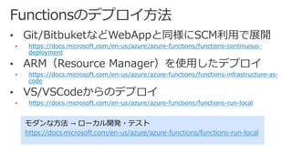 https://docs.microsoft.com/en-us/azure/azure-functions/functions-continuous-
deployment
https://docs.microsoft.com/en-us/azure/azure-functions/functions-infrastructure-as-
code
https://docs.microsoft.com/en-us/azure/azure-functions/functions-run-local
モダンな方法 → ローカル開発・テスト
https://docs.microsoft.com/en-us/azure/azure-functions/functions-run-local
 