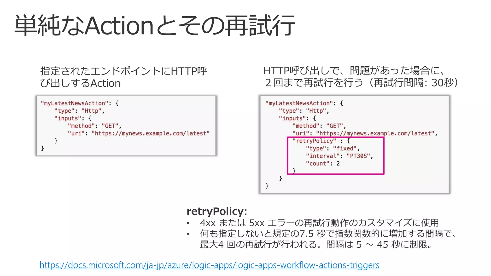 指定されたエンドポイントにHTTP呼
び出しするAction
HTTP呼び出しで、問題があった場合に、
２回まで再試行を行う（再試行間隔: 30秒）
https://docs.microsoft.com/ja-jp/azure/logic-apps/logic-apps-workflow-actions-triggers
retryPolicy:
• 4xx または 5xx エラーの再試行動作のカスタマイズに使用
• 何も指定しないと規定の7.5 秒で指数関数的に増加する間隔で、
最大4 回の再試行が行われる。間隔は 5 ～ 45 秒に制限。
 