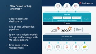 •  Why Fusion for Log
Analytics?
	
  
•  Secure	
  access	
  to	
  
dashboards	
  
•  ETL	
  of	
  logs	
  using	
  Index	
  
pipelines	
  
•  Spark	
  run	
  analysis	
  models	
  
for	
  logs	
  and	
  leverage	
  with	
  
ML	
  index	
  pipeline	
  
	
  
•  Time	
  series	
  index	
  
management	
  
 