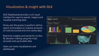 VisualizaFon	
  &	
  Insight	
  with	
  SILK	
  
SILK Dashboards provide a rich visual
interface for users to search, inspect and
visualize event/log data
Gives user the power to perform ad-hoc
search and analysis on massive amounts
of multi-structured and time series data.
Real-time insights and trends for on-the-
fly decision making using the most
accurate and up-to-date data
Users can share visualizations and
dashboards
 