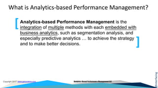 @interfacing
Copyright 2017 www.garycokins.com Analytics-Based Performance Management LLC
What is Analytics-based Performance Management?
Analytics-based Performance Management is the
integration of multiple methods with each embedded with
business analytics, such as segmentation analysis, and
especially predictive analytics … to achieve the strategy
and to make better decisions. ]
[
 