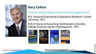 @interfacing
Copyright 2017 www.garycokins.com Analytics-Based Performance Management LLC
Gary Cokins
Founder, Analytics-Based Performance Management LLC
B.S. Industrial Engineering & Operations Research; Cornell
University, 1971
M.B.A Finance & Accounting; Northwestern University,
Kellogg Graduate School of Management, 1974
 