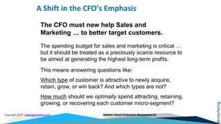 @interfacing
Copyright 2017 www.garycokins.com Analytics-Based Performance Management LLC
The spending budget for sales and marketing is critical …
but it should be treated as a preciously scarce resource to
be aimed at generating the highest long-term profits.
This means answering questions like:
Which type of customer is attractive to newly acquire,
retain, grow, or win back? And which types are not?
How much should we optimally spend attracting, retaining,
growing, or recovering each customer micro-segment?
The CFO must now help Sales and
Marketing … to better target customers.
A Shift in the CFO’s Emphasis
 