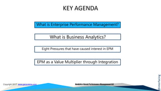 @interfacing
Copyright 2017 www.garycokins.com Analytics-Based Performance Management LLC
KEY AGENDA
EPM as a Value Multiplier through Integration
Eight Pressures that have caused interest in EPM
What is Business Analytics?
What is Enterprise Performance Management?
 