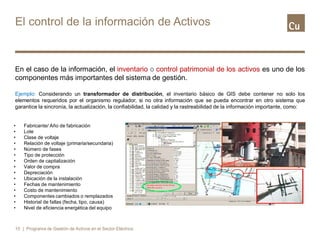 El control de la información de Activos
En el caso de la información, el inventario o control patrimonial de los activos es uno de los
componentes más importantes del sistema de gestión.
Ejemplo: Considerando un transformador de distribución, el inventario básico de GIS debe contener no solo los
elementos requeridos por el organismo regulador, si no otra información que se pueda encontrar en otro sistema que
garantice la sincronía, la actualización, la confiabilidad, la calidad y la rastreabilidad de la información importante, como:
15
• Fabricante/ Año de fabricación
• Lote
• Clase de voltaje
• Relación de voltaje (primaria/secundaria)
• Número de fases
• Tipo de protección
• Orden de capitalización
• Valor de compra
• Depreciación
• Ubicación de la instalación
• Fechas de mantenimiento
• Costo de mantenimiento
• Componentes cambiados o remplazados
• Historial de fallas (fecha, tipo, causa)
• Nivel de eficiencia energética del equipo
| Programa de Gestión de Activos en el Sector Eléctrico
 