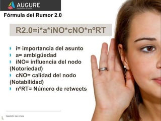 18www.augure.comGestión de crisis
Fórmula del Rumor 2.0
i= importancia del asunto
a= ambigüedad
iNO= influencia del nodo
(...