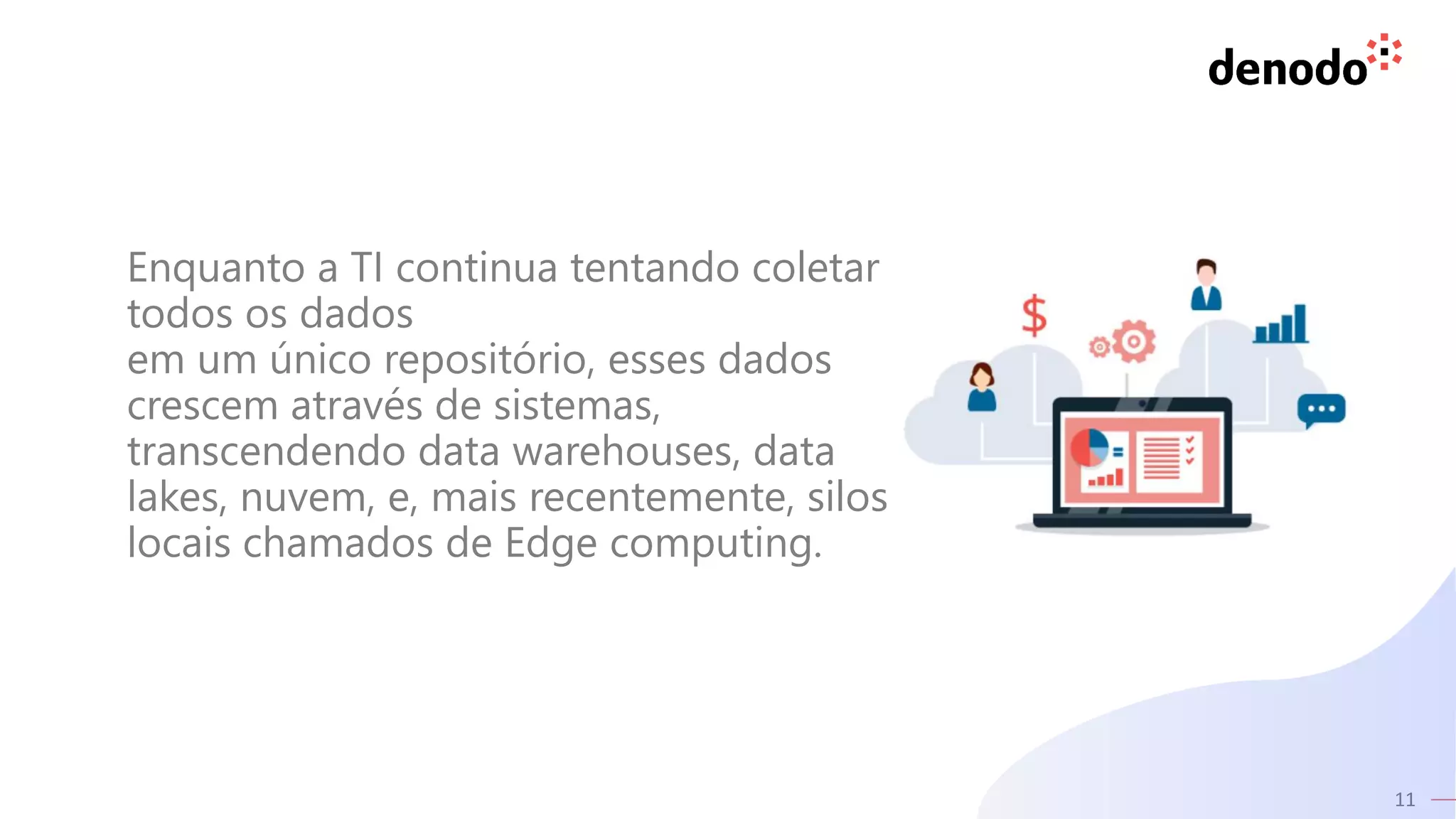 11
Enquanto a TI continua tentando coletar
todos os dados
em um único repositório, esses dados
crescem através de sistemas,
transcendendo data warehouses, data
lakes, nuvem, e, mais recentemente, silos
locais chamados de Edge computing.
 