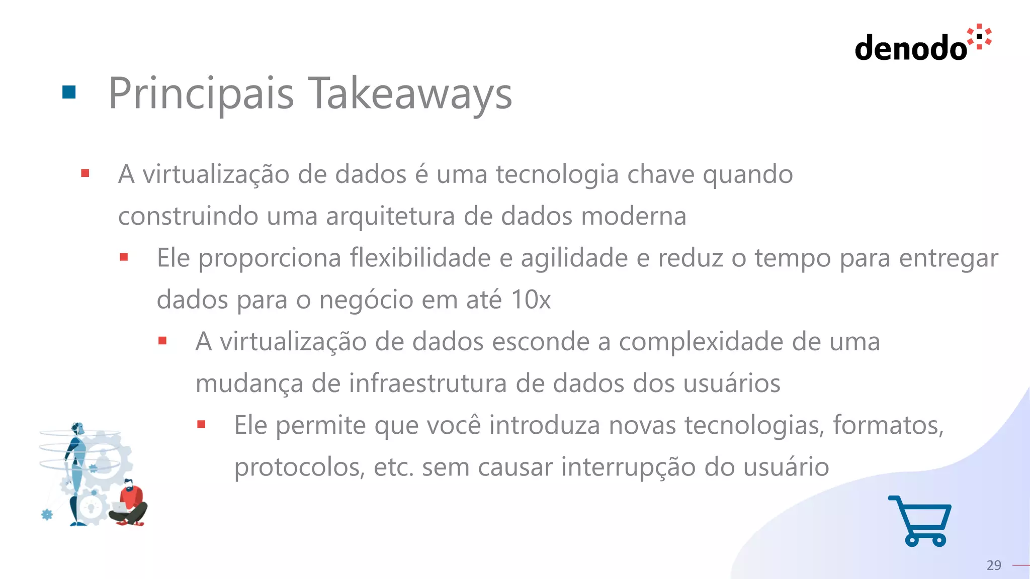 29
▪ A virtualização de dados é uma tecnologia chave quando
construindo uma arquitetura de dados moderna
▪ Ele proporciona flexibilidade e agilidade e reduz o tempo para entregar
dados para o negócio em até 10x
▪ A virtualização de dados esconde a complexidade de uma
mudança de infraestrutura de dados dos usuários
▪ Ele permite que você introduza novas tecnologias, formatos,
protocolos, etc. sem causar interrupção do usuário
▪ Principais Takeaways
 