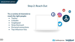 14
#AGEOFINFLUENCE
Try a variety of channels to
reach the right people:
• Twitter
• LinkedIn
• Insightpool
• Ninja Outreach
• Personal connections
• Top influencer lists
Step 2: Reach Out
 