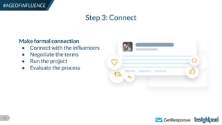 18
#AGEOFINFLUENCE
Step 3: Connect
Make formal connection
• Connect with the influencers
• Negotiate the terms
• Run the project
• Evaluate the process
 