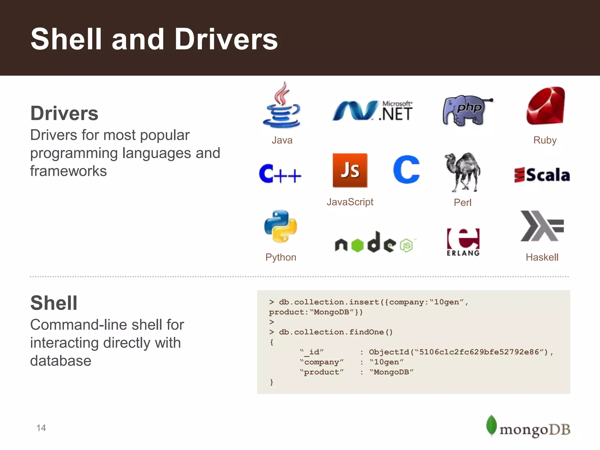 Shell and Drivers
Drivers
Drivers for most popular
programming languages and
frameworks

Java

Ruby

JavaScript

Python

Shell
Command-line shell for
interacting directly with
database

14

Perl

Haskell

> db.collection.insert({company:“10gen”,
product:“MongoDB”})
>
> db.collection.findOne()
{
“_id”
: ObjectId(“5106c1c2fc629bfe52792e86”),
“company”
: “10gen”
“product”
: “MongoDB”
}

 