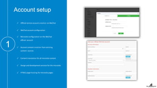 Account setup
1
✓ Oﬃcial service account creation on WeChat
✓ WeChat account conﬁguration
✓ Microsite conﬁguration on the WeChat
oﬃcial account
✓ Account content creation from existing
content sources
✓ Content translation for all microsite content
✓ Design and development services for the microsite
✓ HTML5 page hosting for microsite pages
 