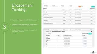 Engagement
Tracking
3
✓ Track follower engagement on the WeChat account
✓ Create tags to track menu clicks, QR code scans and
other automated responses on the account
✓ Know which users have clicked on a message, how
many times andwhen
 
