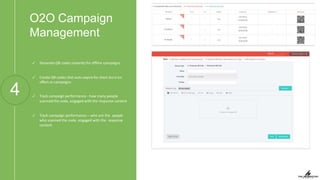 O2O Campaign
Management
4
✓ Generate QR codes instantly for oﬄine campaigns
✓ Create QR codes that auto expire for short dura'on
oﬀers or campaigns
✓ Track campaign performance - how many people
scanned the code, engaged with the response content
✓ Track campaign performance – who are the people
who scanned the code, engaged with the response
content
 