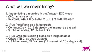 Dato Confidential10
What will we cover today?
1. Instantiating a machine in the Amazon EC2 cloud
• r3.8xlarge instance
• 32 cores, 244GBs of RAM, 2 SSDs of 320GBs each
2. Run PageRank on a large graph
• CommonCrawl 2012 dataset – the internet as a graph
• 3.5 billion nodes, 128 billion links
3. Run Gradient Boosted Trees on a large dataset
• Criteo 1TB Click Logs Dataset
• 4.3 billion rows, 39 features (13 numerical, 26 categorical)
10
 