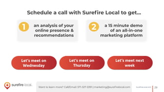 29SureﬁreLocal.com
an analysis of your
online presence &
recommendations
a 15 minute demo
of an all-in-one
marketing platform
Schedule a call with Sureﬁre Local to get...
Want to learn more? Call/Email: 571-327-3391 | marketing@sureﬁrelocal.com
1 2
Let’s meet on
Wednesday
Let’s meet on
Thursday
Let’s meet next
week
 