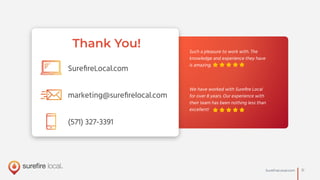 31SureﬁreLocal.com
Such a pleasure to work with. The
knowledge and experience they have
is amazing.
We have worked with Sureﬁre Local
for over 8 years. Our experience with
their team has been nothing less than
excellent!
SureﬁreLocal.com
marketing@sureﬁrelocal.com
(571) 327-3391
Thank You!
 
