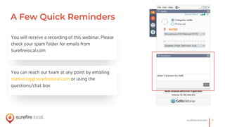 4SureﬁreLocal.com
You will receive a recording of this webinar. Please
check your spam folder for emails from
Sureﬁrelocal.com
You can reach our team at any point by emailing
marketing@sureﬁrelocal.com or using the
questions/chat box
A Few Quick Reminders
 