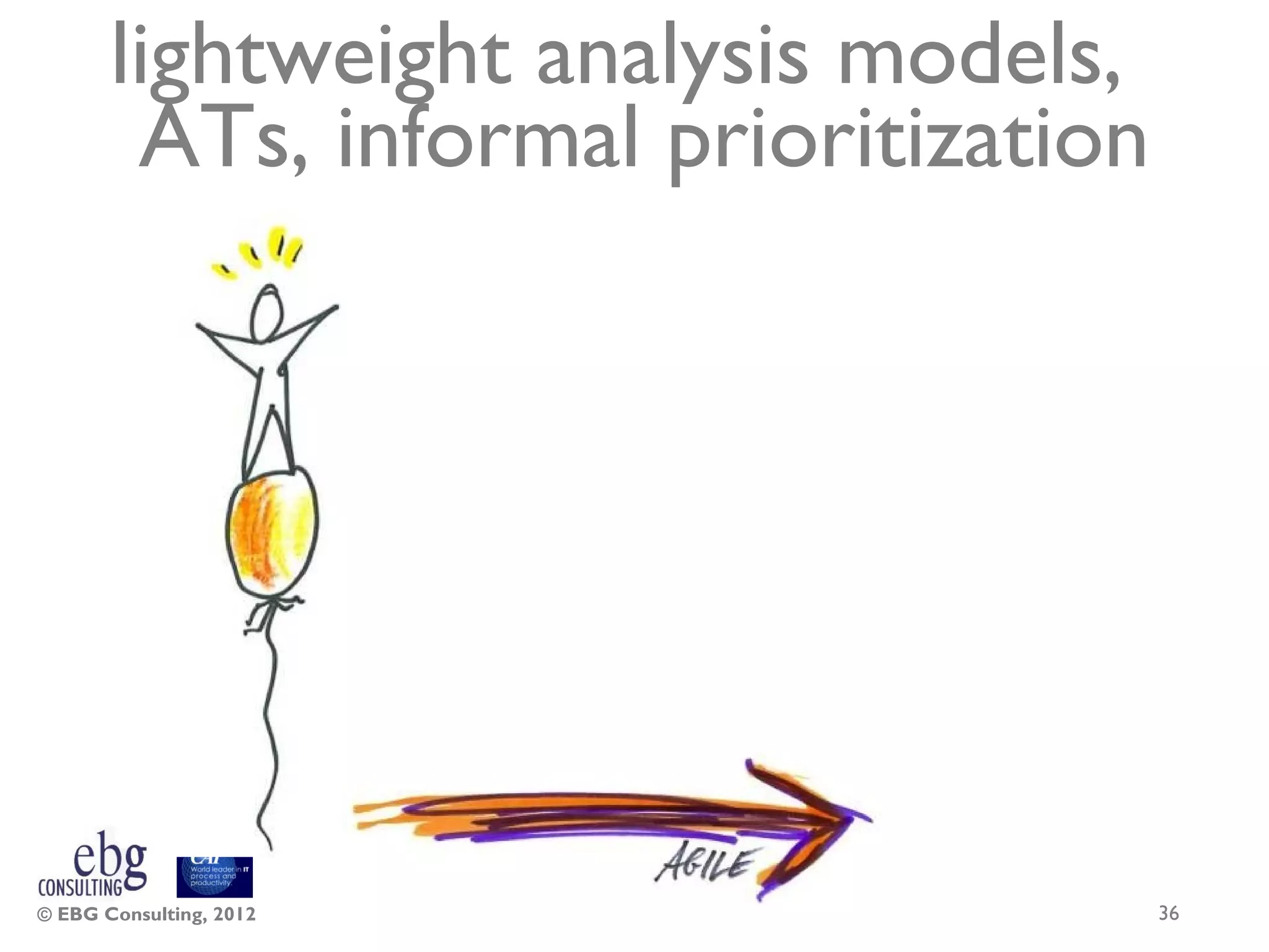 lightweight analysis models,
        ATs, informal prioritization




© EBG Consulting, 2012                 36
 