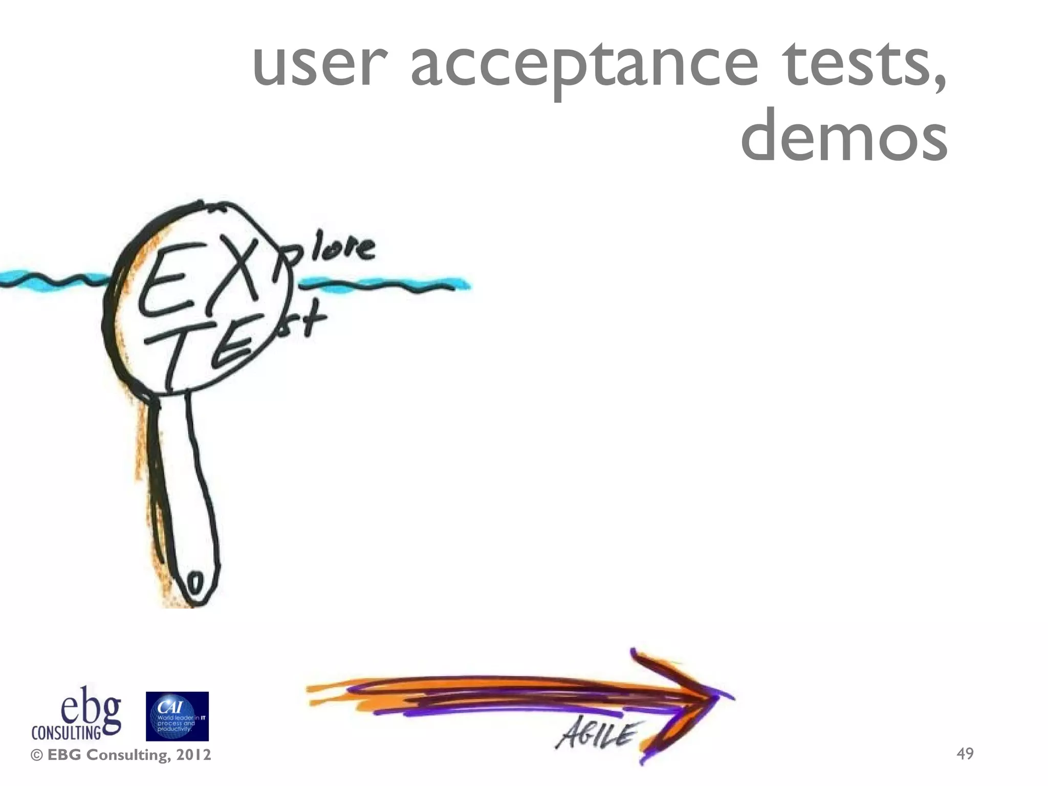 user acceptance tests,
                                       demos




© EBG Consulting, 2012                            49
 