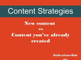 Content Strategies
Content you’ve already
created
New content
#alexiswebin
vs.
 