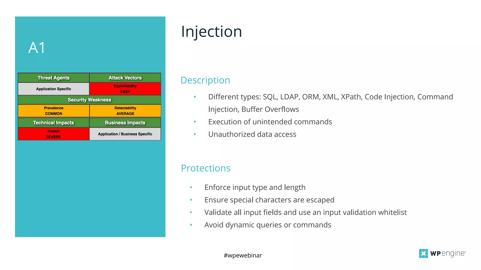 #wpewebinar
A1
Injection
Description
• Different types: SQL, LDAP, ORM, XML, XPath, Code Injection, Command
Injection, Buffer Overflows
• Execution of unintended commands
• Unauthorized data access
Protections
• Enforce input type and length
• Ensure special characters are escaped
• Validate all input fields and use an input validation whitelist
• Avoid dynamic queries or commands
 