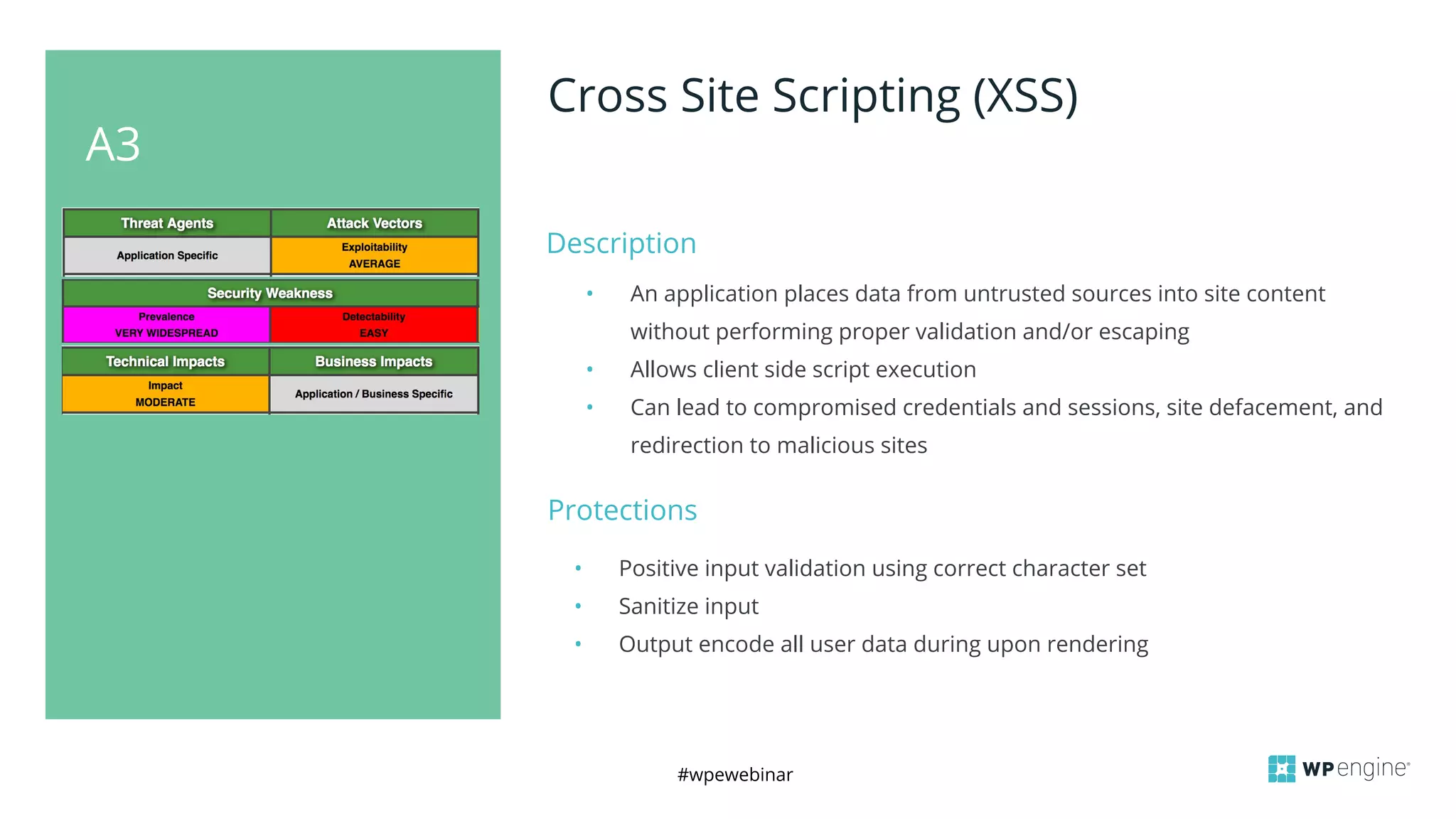 #wpewebinar
A3
Cross Site Scripting (XSS)
Description
• An application places data from untrusted sources into site content
without performing proper validation and/or escaping
• Allows client side script execution
• Can lead to compromised credentials and sessions, site defacement, and
redirection to malicious sites
Protections
• Positive input validation using correct character set
• Sanitize input
• Output encode all user data during upon rendering
 