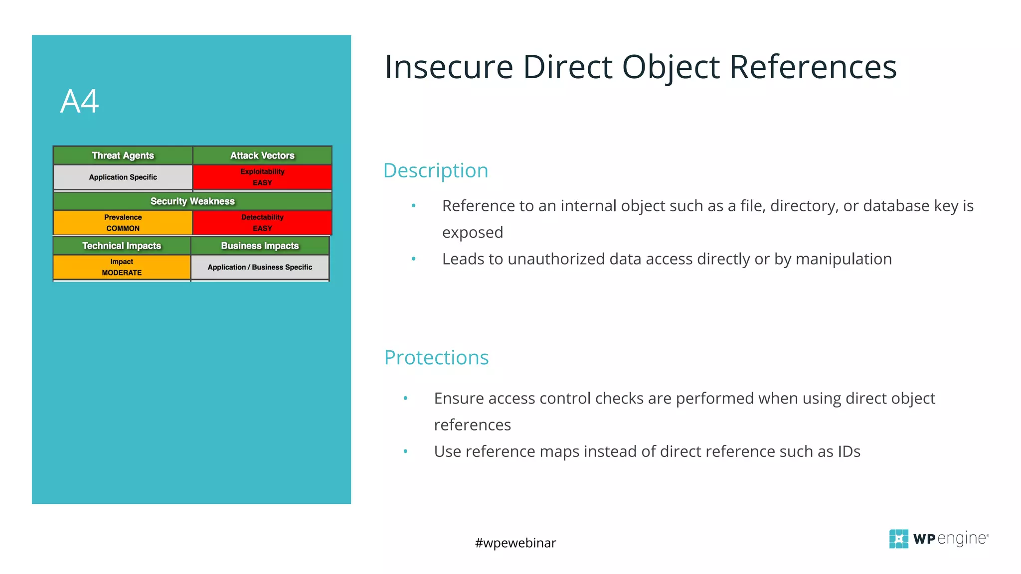 #wpewebinar
A4
Insecure Direct Object References
Description
• Reference to an internal object such as a file, directory, or database key is
exposed
• Leads to unauthorized data access directly or by manipulation
Protections
• Ensure access control checks are performed when using direct object
references
• Use reference maps instead of direct reference such as IDs
 