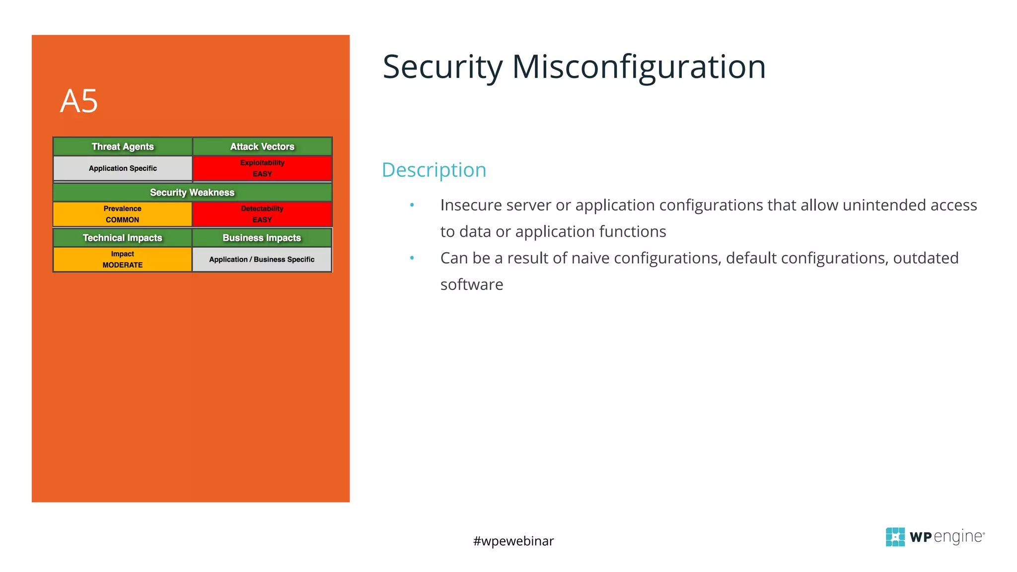 #wpewebinar
Description
A5
Security Misconfiguration
• Insecure server or application configurations that allow unintended access
to data or application functions
• Can be a result of naive configurations, default configurations, outdated
software
 