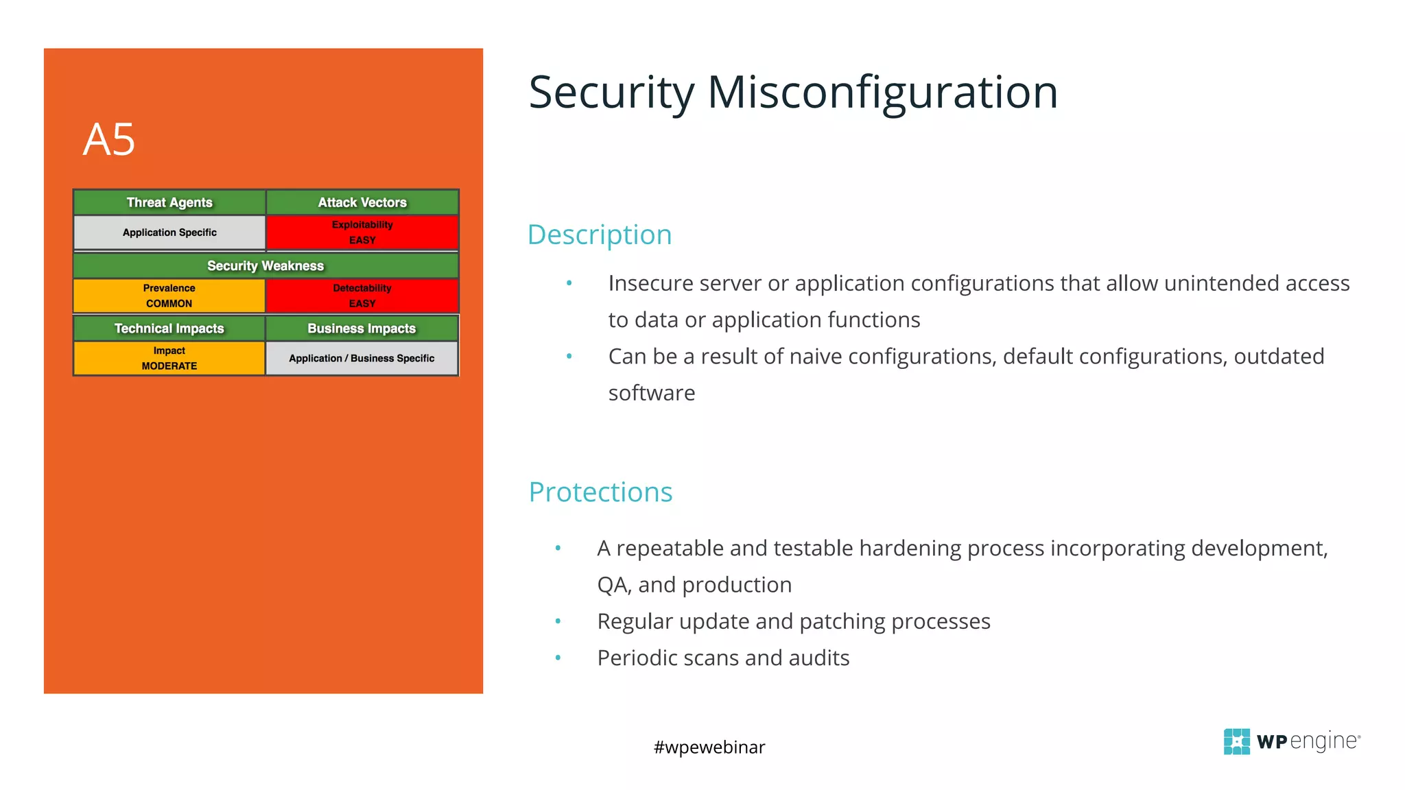 #wpewebinar
Description
A5
Security Misconfiguration
• Insecure server or application configurations that allow unintended access
to data or application functions
• Can be a result of naive configurations, default configurations, outdated
software
Protections
• A repeatable and testable hardening process incorporating development,
QA, and production
• Regular update and patching processes
• Periodic scans and audits
 