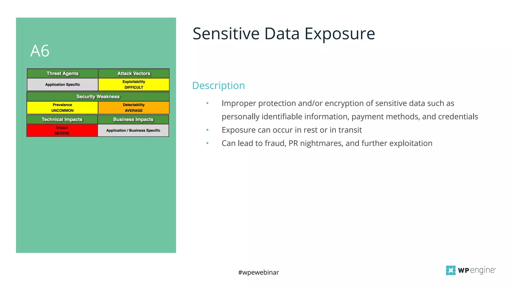 #wpewebinar
A6
Sensitive Data Exposure
Description
• Improper protection and/or encryption of sensitive data such as
personally identifiable information, payment methods, and credentials
• Exposure can occur in rest or in transit
• Can lead to fraud, PR nightmares, and further exploitation
 