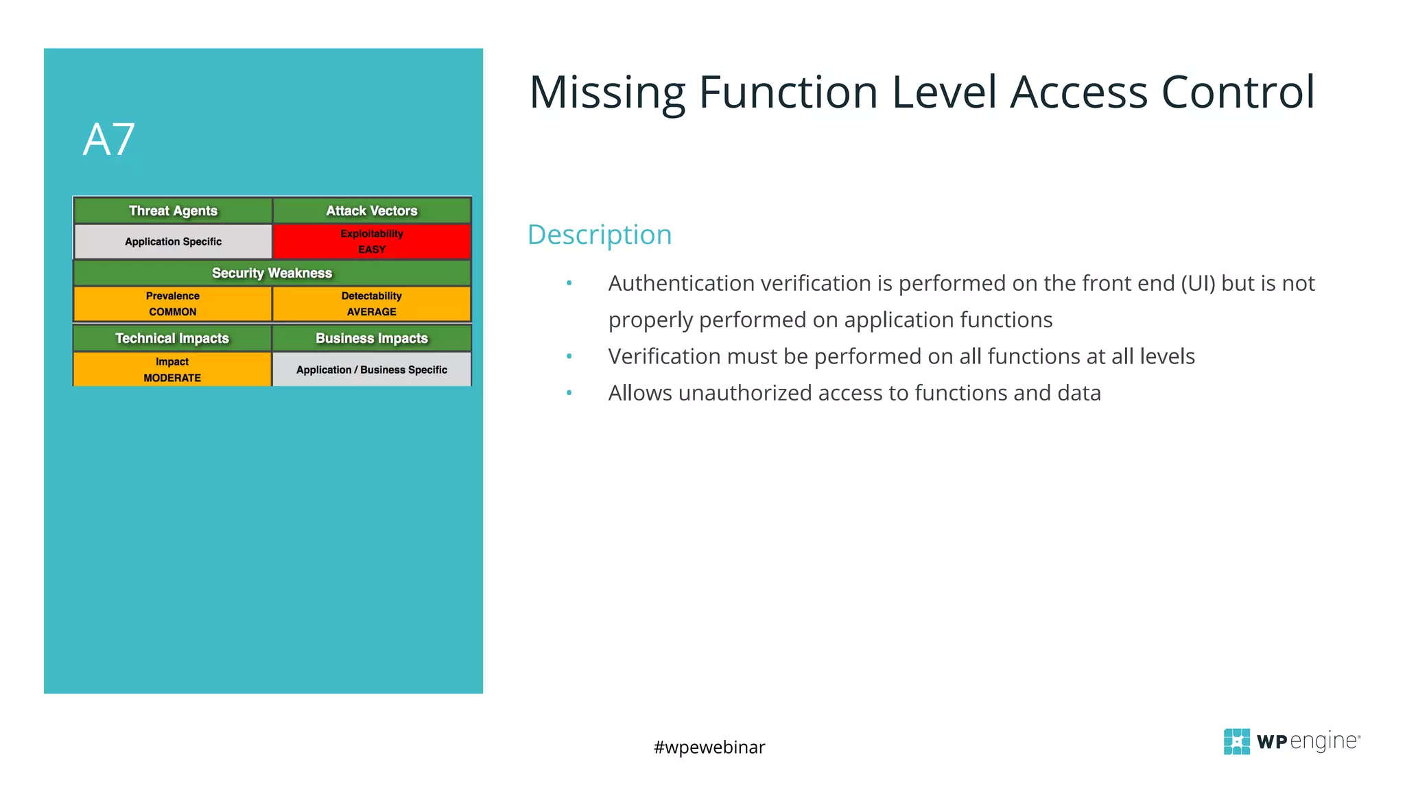 #wpewebinar
A7
Missing Function Level Access Control
Description
• Authentication verification is performed on the front end (UI) but is not
properly performed on application functions
• Verification must be performed on all functions at all levels
• Allows unauthorized access to functions and data
 