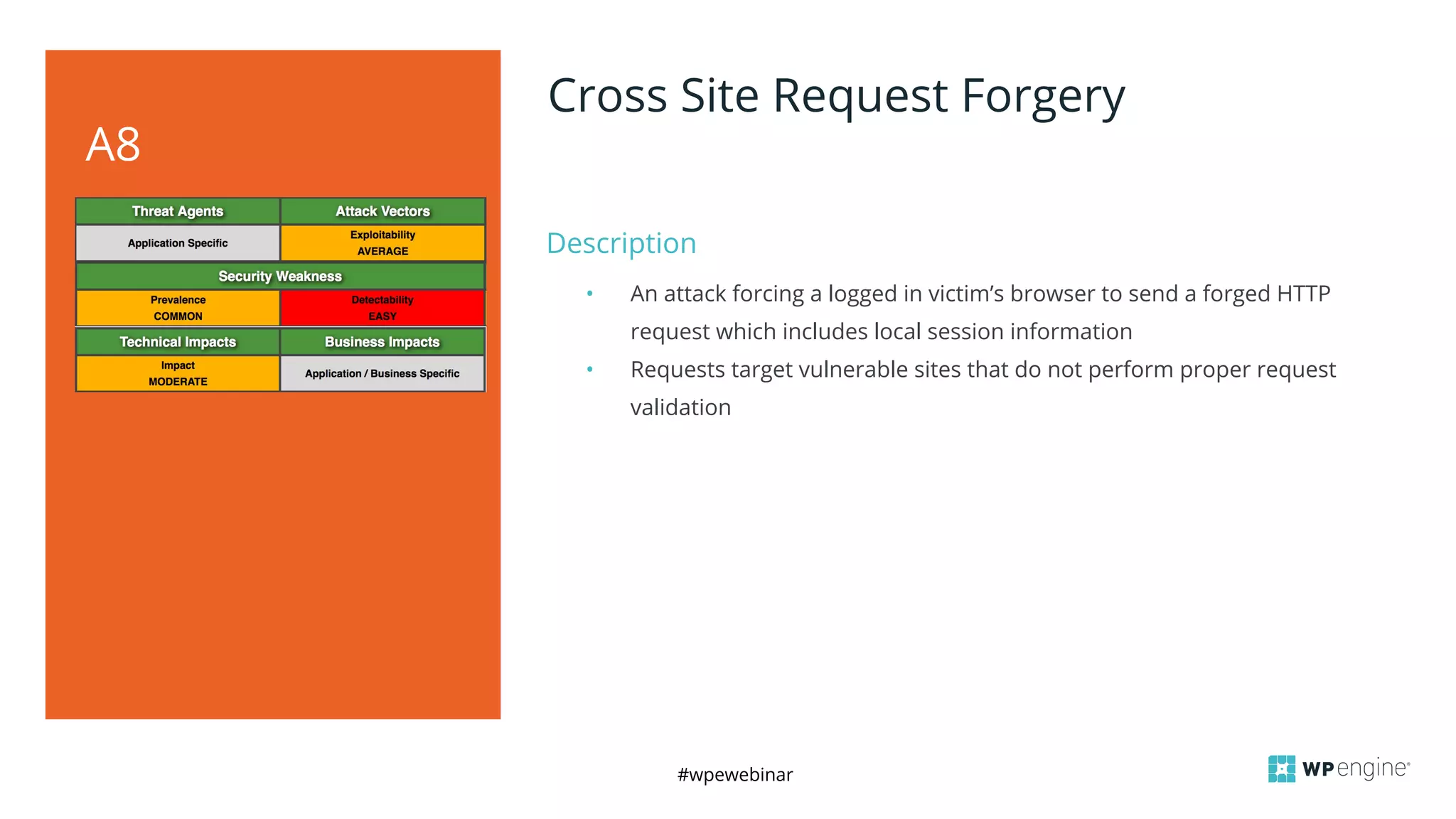 #wpewebinar
Description
A8
Cross Site Request Forgery
• An attack forcing a logged in victim’s browser to send a forged HTTP
request which includes local session information
• Requests target vulnerable sites that do not perform proper request
validation
 