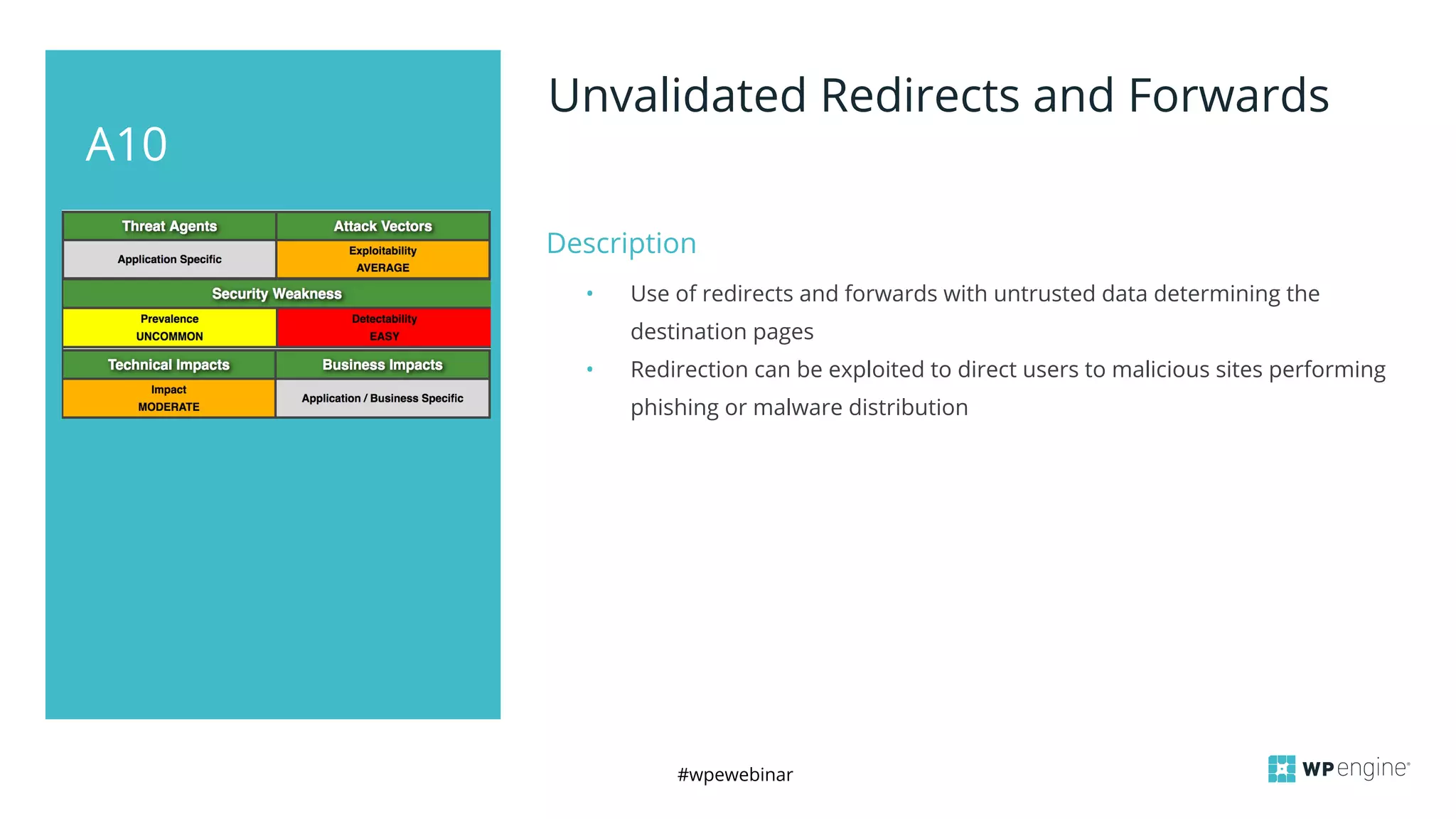 #wpewebinar
A10
Unvalidated Redirects and Forwards
Description
• Use of redirects and forwards with untrusted data determining the
destination pages
• Redirection can be exploited to direct users to malicious sites performing
phishing or malware distribution
 