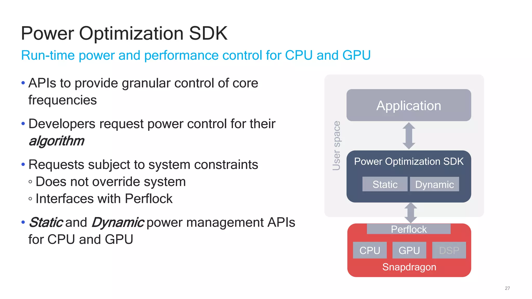 27
Power Optimization SDK
• APIs to provide granular control of core
frequencies
• Developers request power control for their
algorithm
• Requests subject to system constraints
◦ Does not override system
◦ Interfaces with Perflock
• Static and Dynamic power management APIs
for CPU and GPU
Run-time power and performance control for CPU and GPU
Userspace
Application
Power Optimization SDK
Snapdragon
CPU GPU DSP
Static Dynamic
Perflock
 