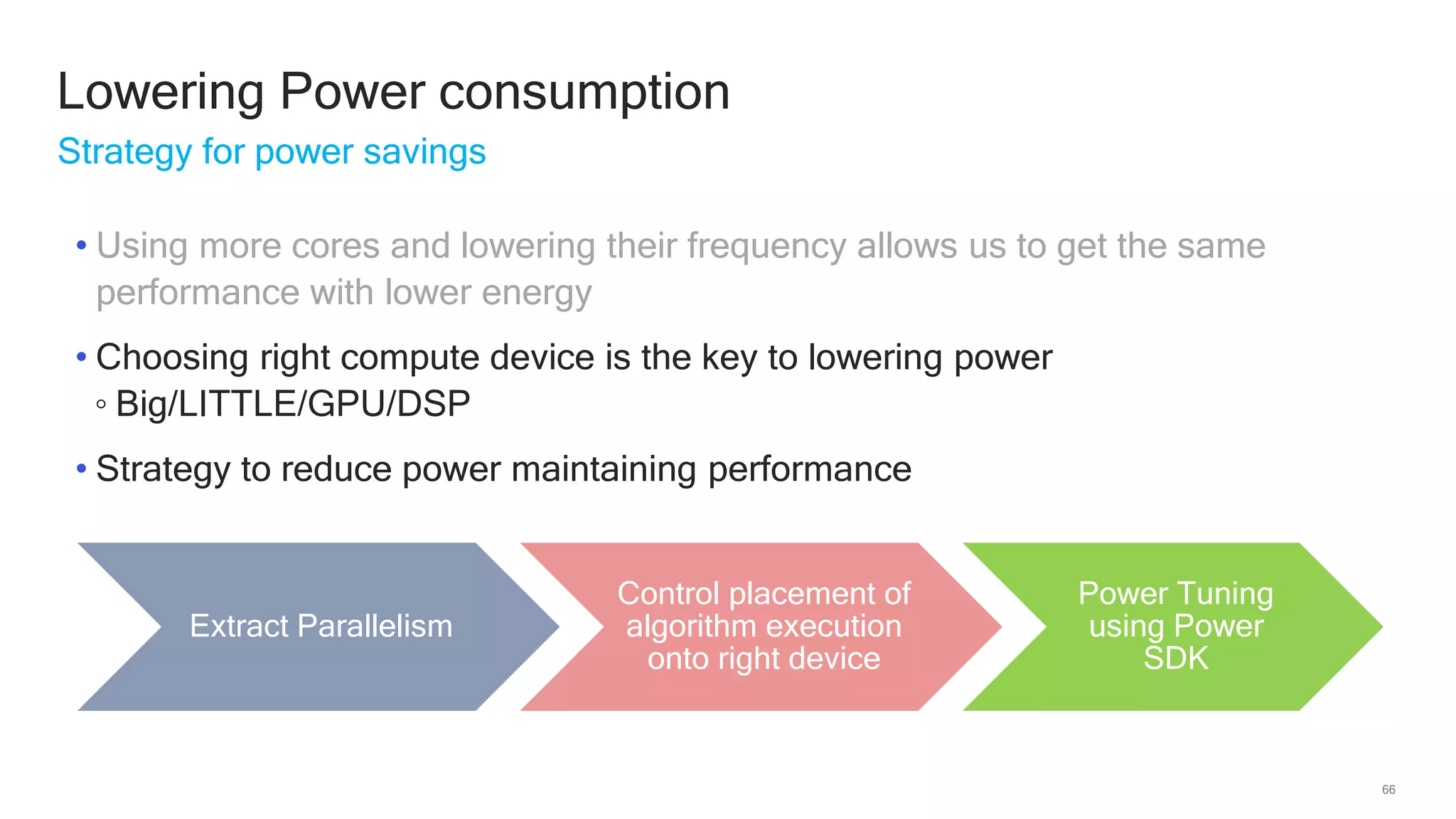 66
Lowering Power consumption
Strategy for power savings
• Using more cores and lowering their frequency allows us to get the same
performance with lower energy
• Choosing right compute device is the key to lowering power
◦ Big/LITTLE/GPU/DSP
• Strategy to reduce power maintaining performance
Extract Parallelism
Control placement of
algorithm execution
onto right device
Power Tuning
using Power
SDK
 