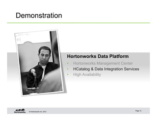 Demonstration




                             Hortonworks Data Platform
                             •    Hortonworks Management Center
                             •    HCatalog & Data Integration Services
                             •    High Availability




                                                                   Page 12
   © Hortonworks Inc. 2012
 