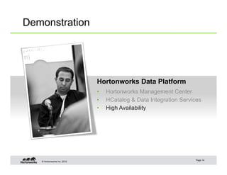 Demonstration




                             Hortonworks Data Platform
                             •    Hortonworks Management Center
                             •    HCatalog & Data Integration Services
                             •    High Availability




                                                                   Page 14
   © Hortonworks Inc. 2012
 