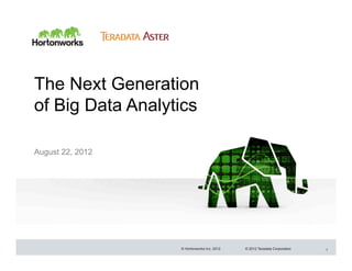 The Next Generation
of Big Data Analytics

August 22, 2012




                  © Hortonworks Inc. 2012   © 2012 Teradata Corporation   1
 
