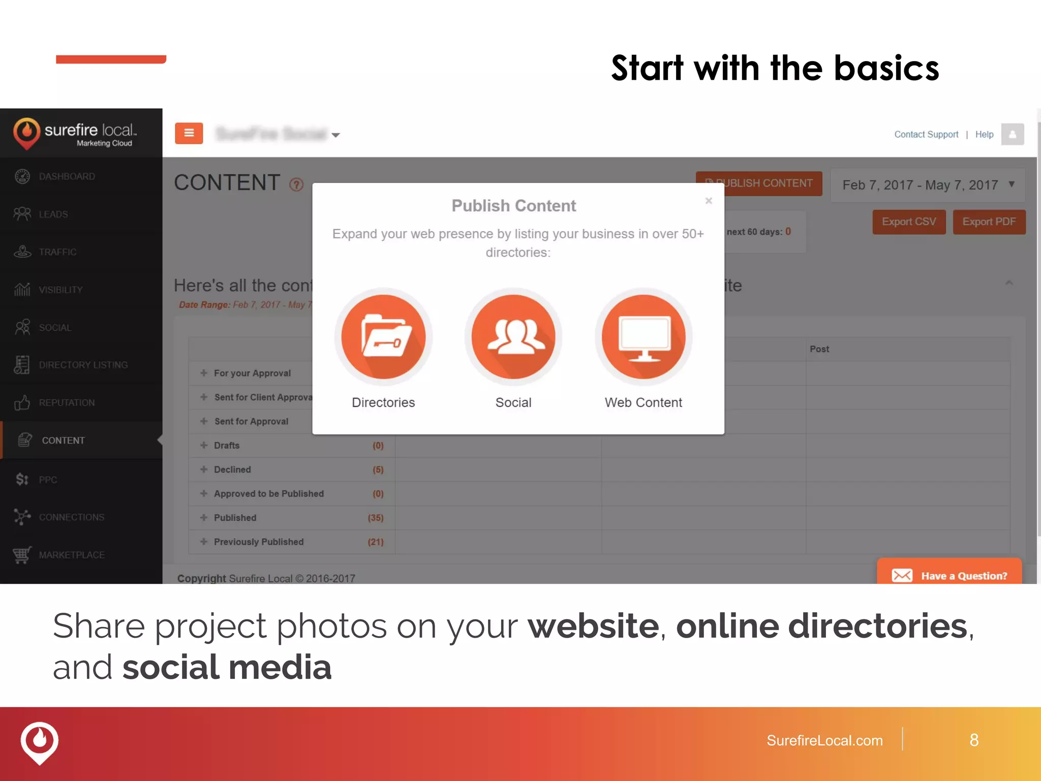 Start with the basics
SurefireLocal.com 8
Share project photos on your website, online directories,
and social media
 
