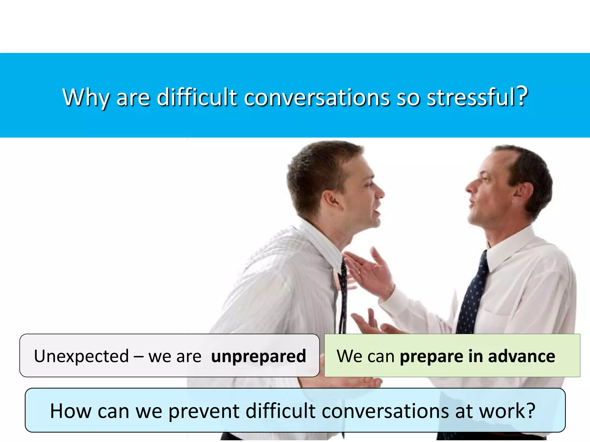 How can we prevent difficult conversations at work?
We can prepare in advanceUnexpected – we are unprepared
Why are difficult conversations so stressful?
 