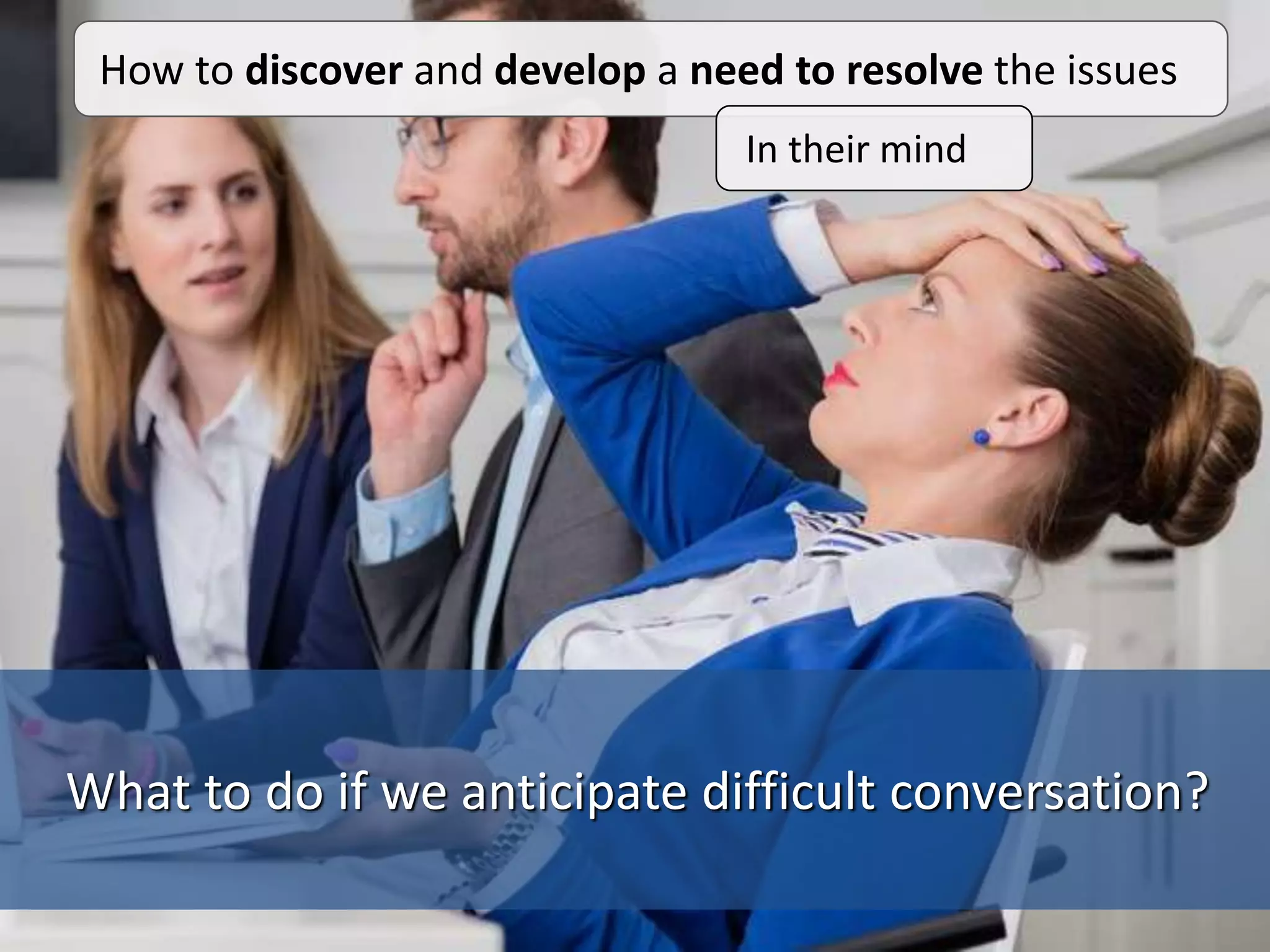 What to do if we anticipate difficult conversation?
How to discover and develop a need to resolve the issues
In their mind
 