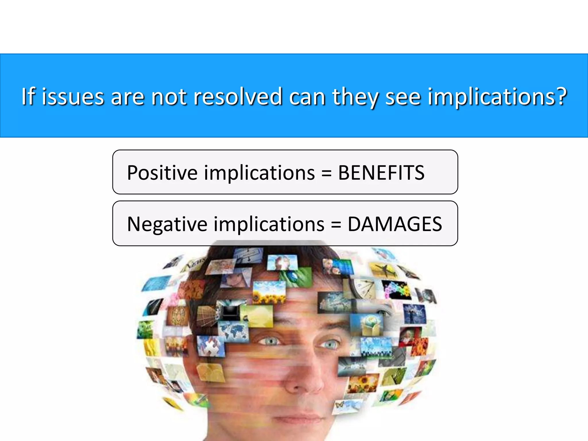 Positive implications = BENEFITS
Negative implications = DAMAGES
If issues are not resolved can they see implications?
 