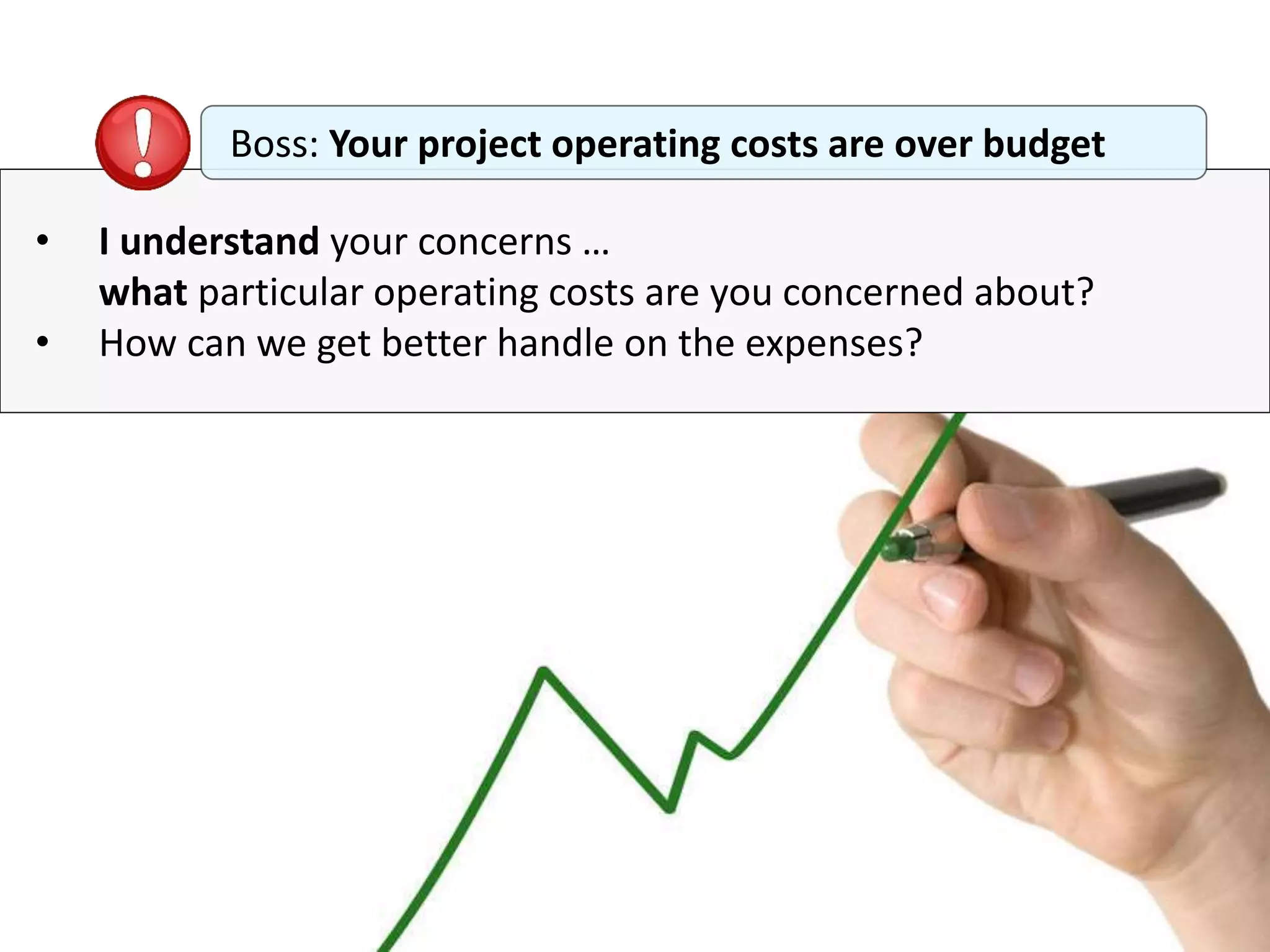 • I understand your concerns …
what particular operating costs are you concerned about?
• How can we get better handle on the expenses?
Boss: Your project operating costs are over budget
 