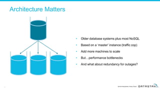 14
Architecture Matters
• Older database systems plus most NoSQL
• Based on a ‘master’ instance (traffic cop)
• Add more machines to scale
• But…performance bottlenecks
• And what about redundancy for outages?
 